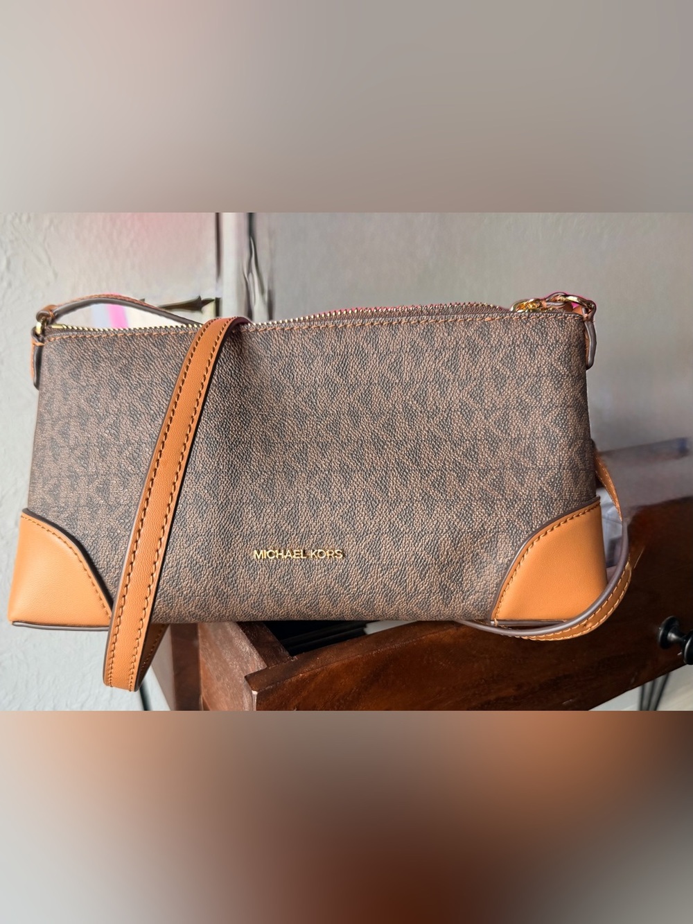 Michael Kors Brown and Tan Logo Crossbody